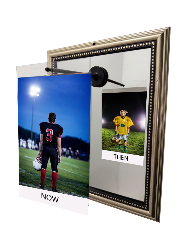 A framed image showing two photos side by side: on the left, a young football player in black uniform with the caption 'NOW'; on the right, a younger version of the same player in yellow uniform with the caption 'THEN.'