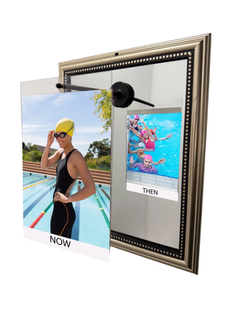A split image in a decorative frame displaying two photographs: on the left, an adult swimmer in a black swimsuit and yellow swim cap labeled 'NOW'; on the right, a group of young swimmers in pink caps labeled 'THEN'.